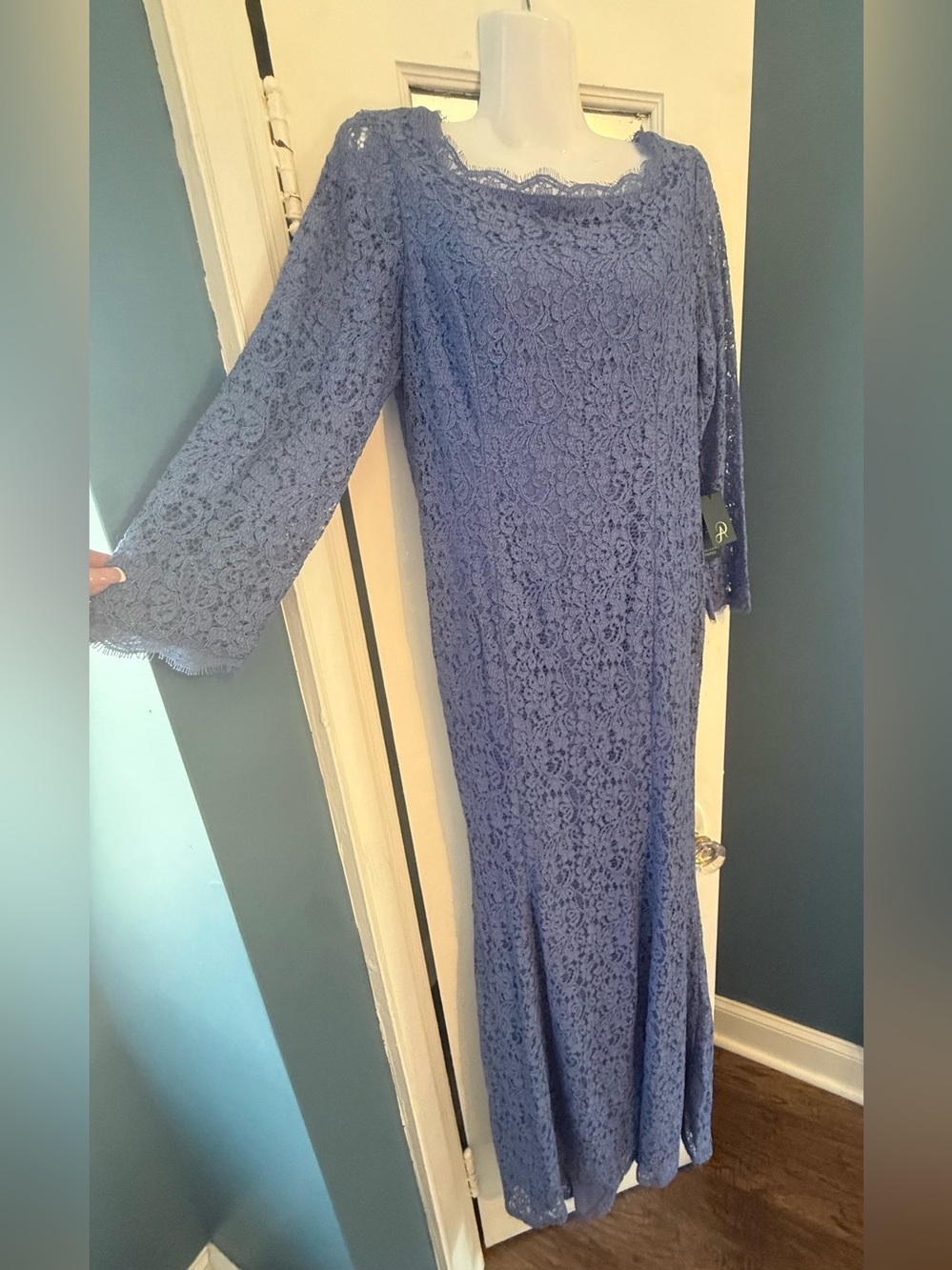 Adrianna Papell NWT Steel Blue Eyelash Lace V Back Mermaid Trumpet Gown 14 XL